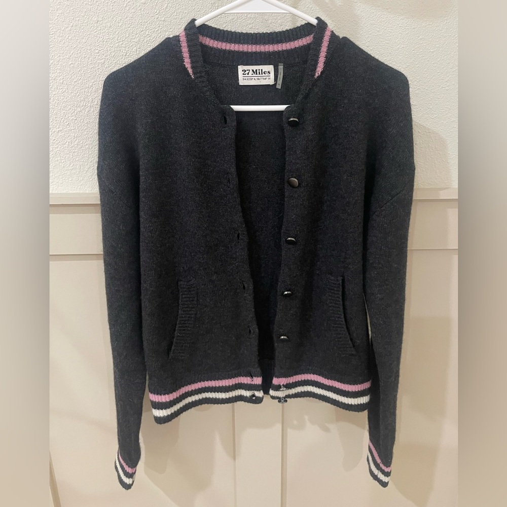 27 Miles Wool Cashmere Grey Cardigan Sweater with Pink Stripes Size XS